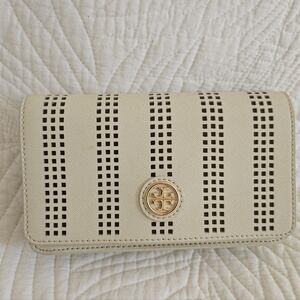 Tory Burch Robinson perforated leather mini crossbody clutch in off-white